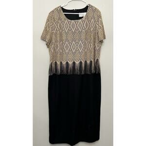 Vintage Halmode Midi Dress Womens Plus 24 W Black Gold Lace Overlay Fringe Party